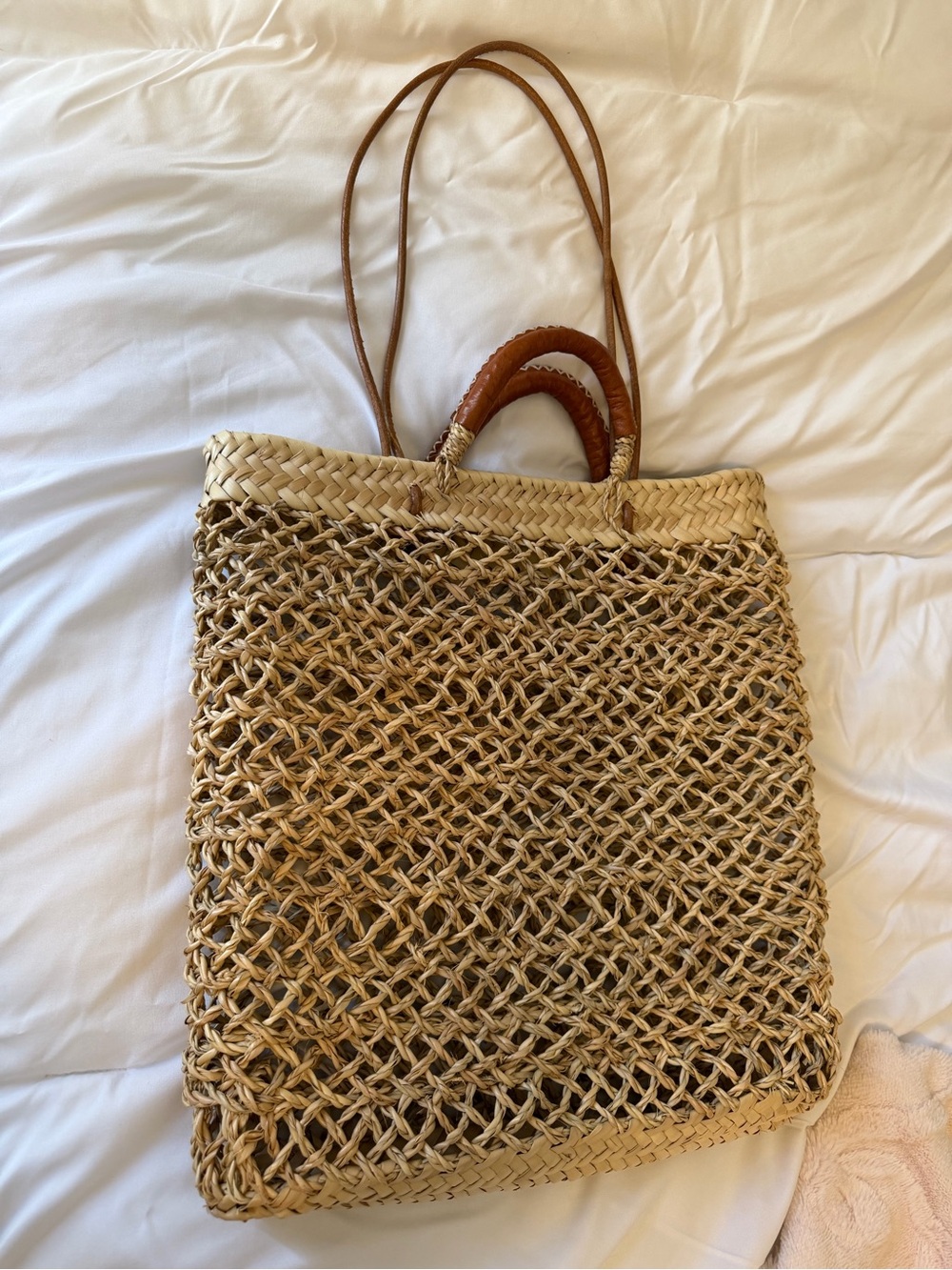 Woven Straw Tote with Brown Leather-Wrapped Handles - Picture 2 of 12